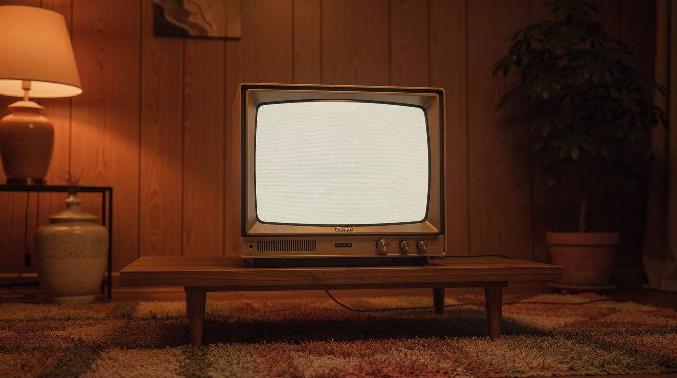Vintage television set glowing in a 1980s living room