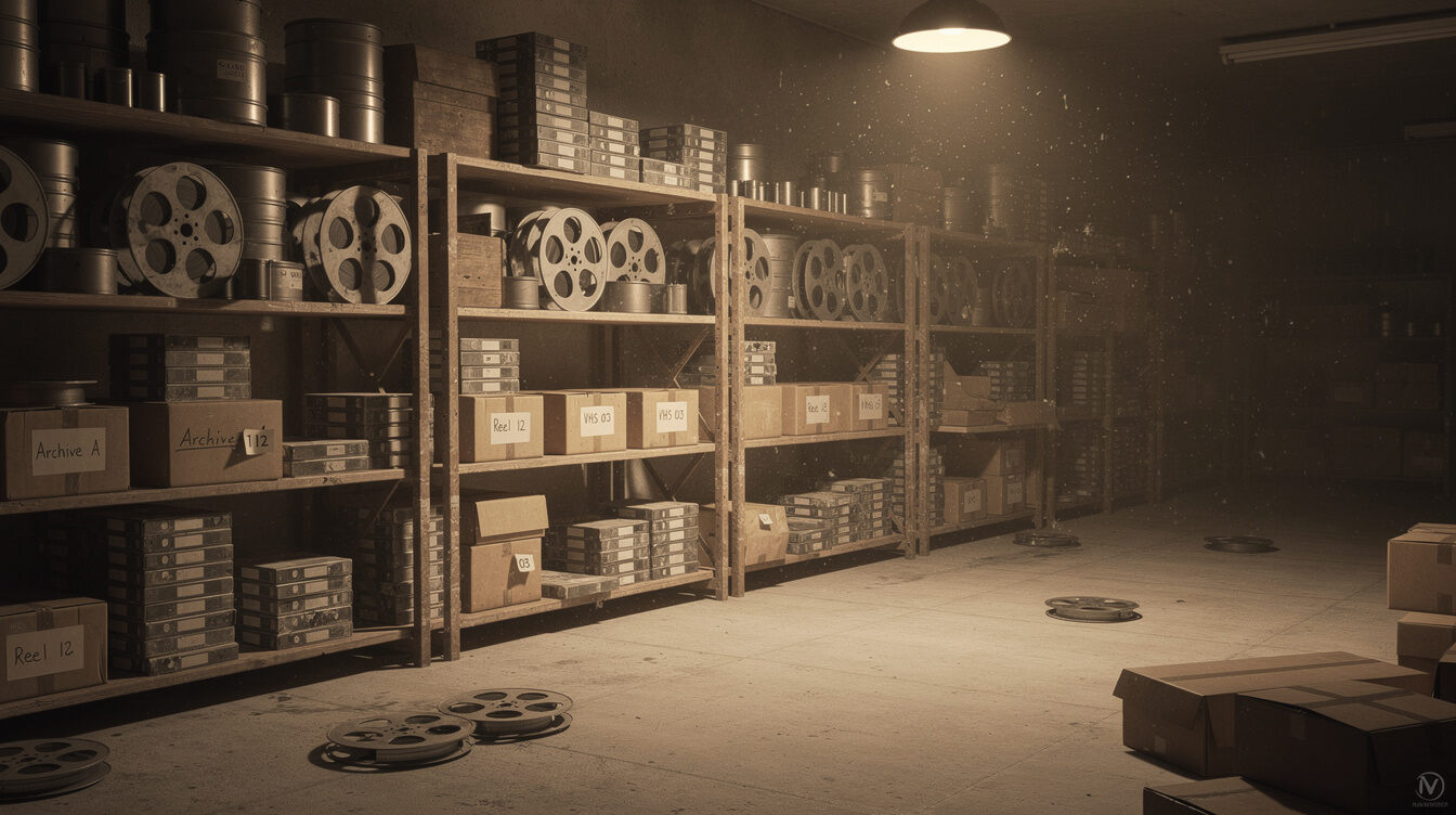 Archive shelves filled with old film reels and advertising boxes