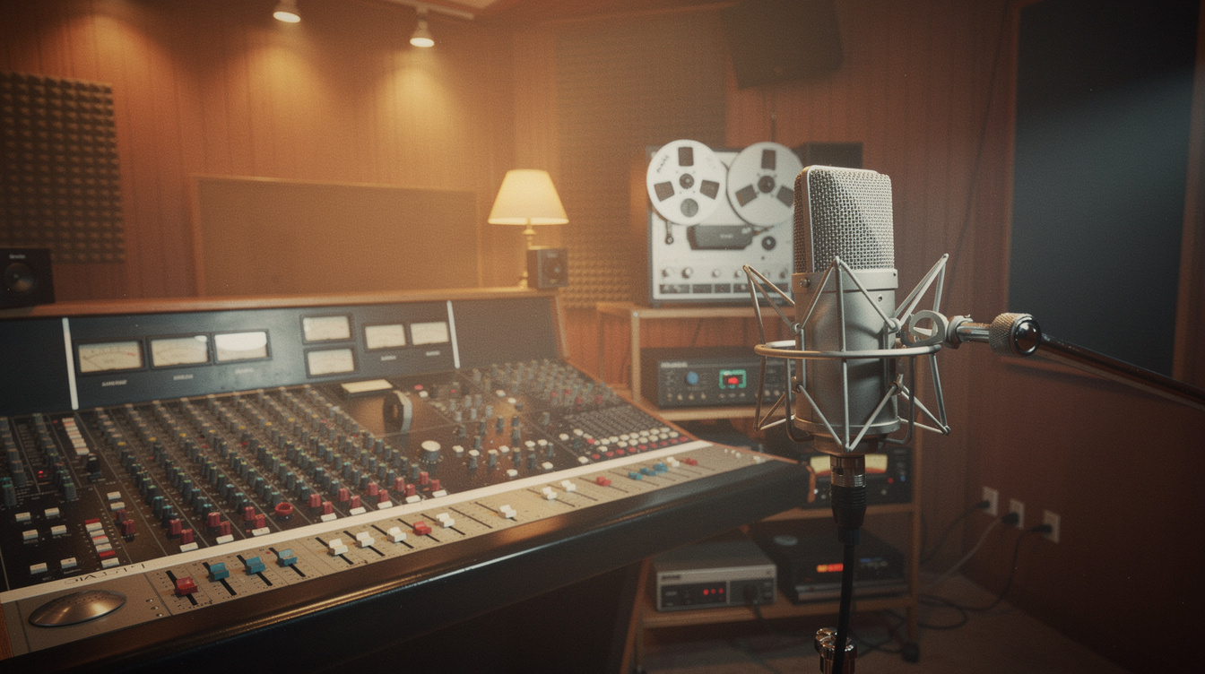 Vintage sound recording studio with microphone and mixing console